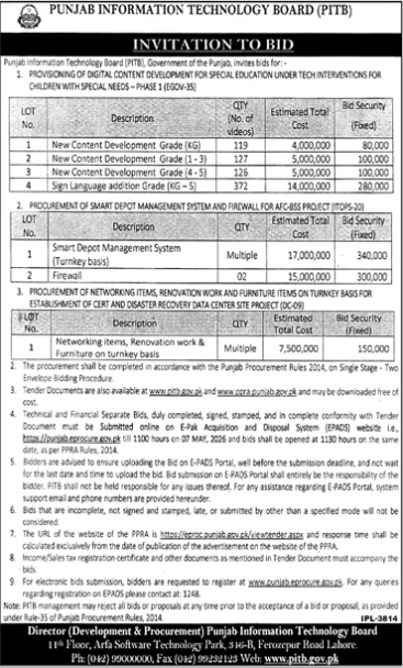 PROVISIONING OF DIGITAL CONTENT DEVELOPMENT FOR SPECIAL EDUCATION UNDER TECH INTERVENTIONS FOR CHILDREN WITH SPECIAL NEEDS – PHASE 3 (ITGOV-35) - Punjab Information Technology Board (PITB), Government of the Punjab
